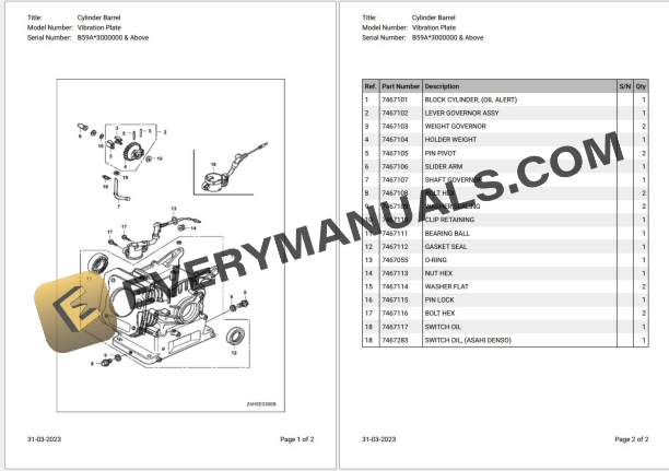 Bobcat Vibration Plate B59A3000000 & Above Parts Catalog
