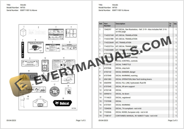 Bobcat MT55 B38T11001 & Above Parts Catalog