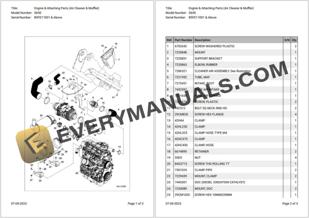 Bobcat S650 B5FE11001 & Above Parts Catalog