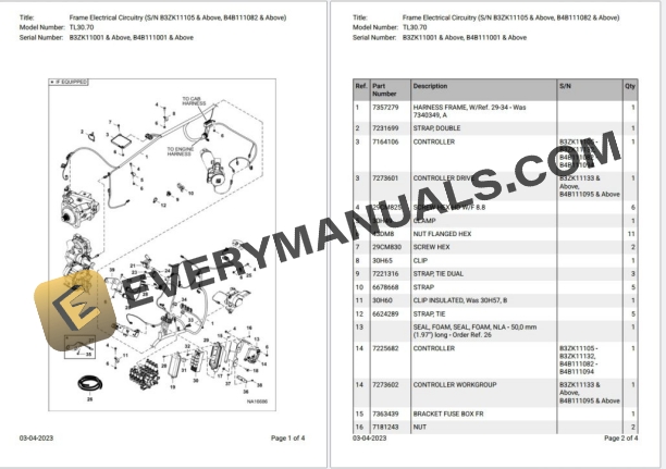 Bobcat TL30.70 B3ZK11001 & Above, B4B111001 & Above Parts Catalog PDF