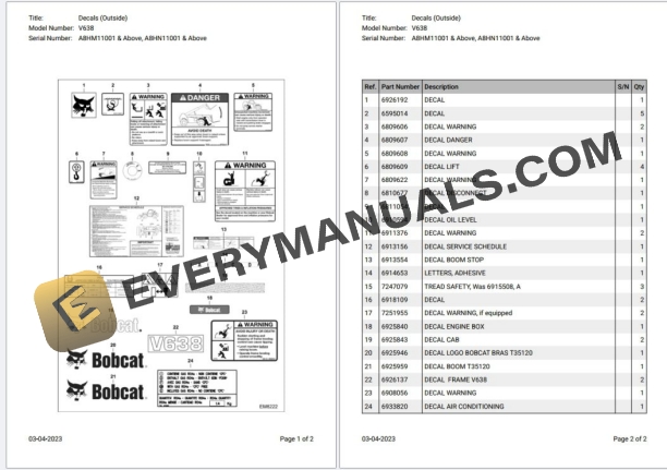 Bobcat V638 A8HM11001 & Above, A8HN11001 & Above Parts Catalog
