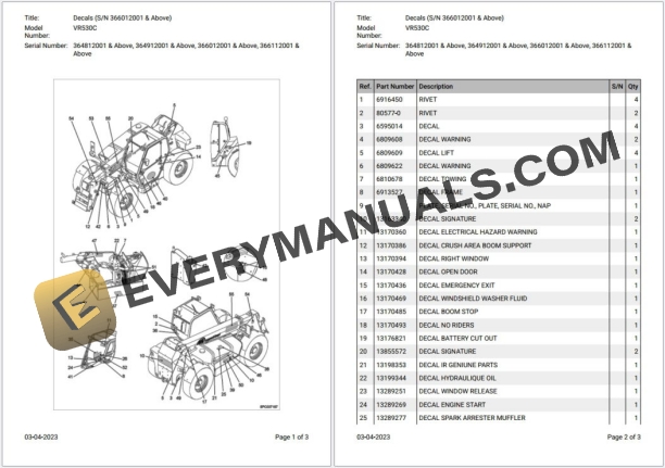 Bobcat VR530C 364812001 & Above Parts Catalog