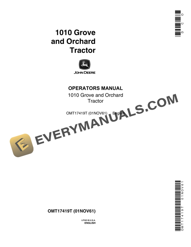 John Deere 1010 Tractor Operator Manual OMT17419T-1