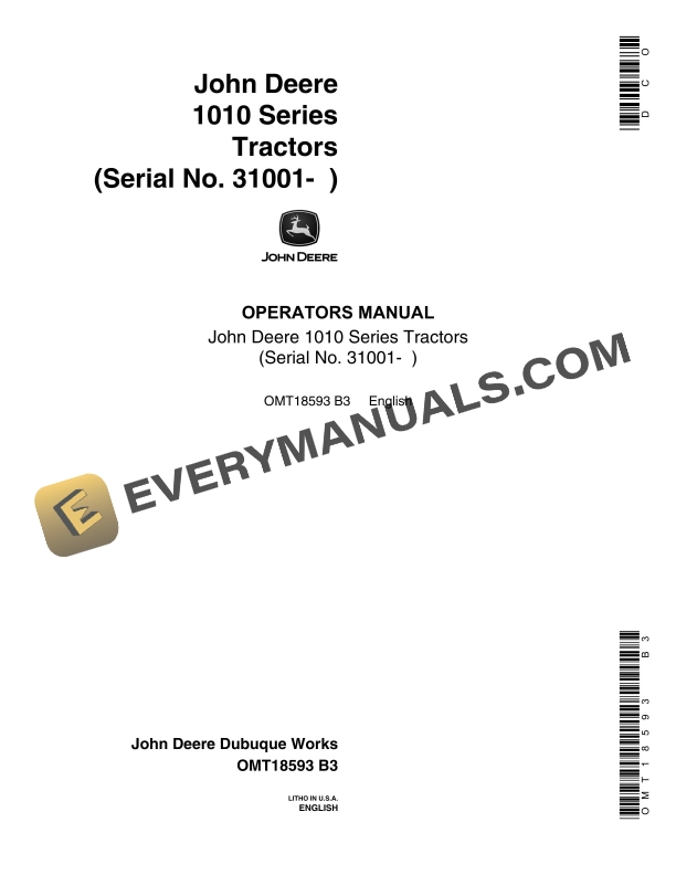 John Deere 1010 Tractor Operator Manual OMT18593-1