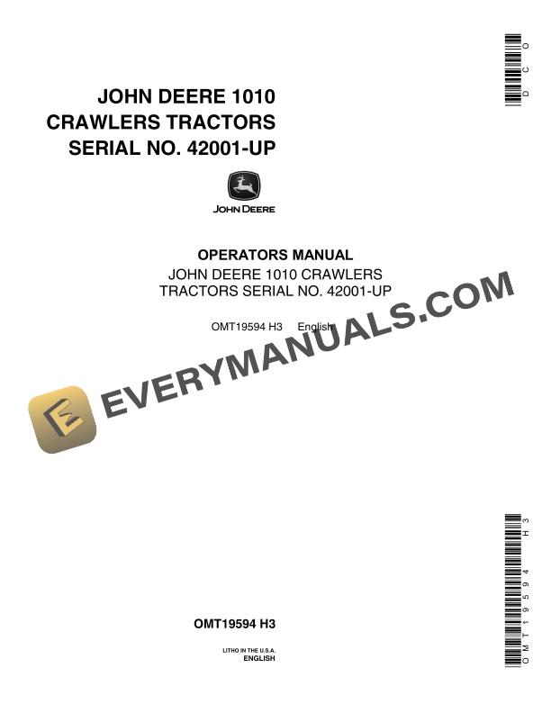 John Deere 1010 Tractor Operator Manual OMT19594-1