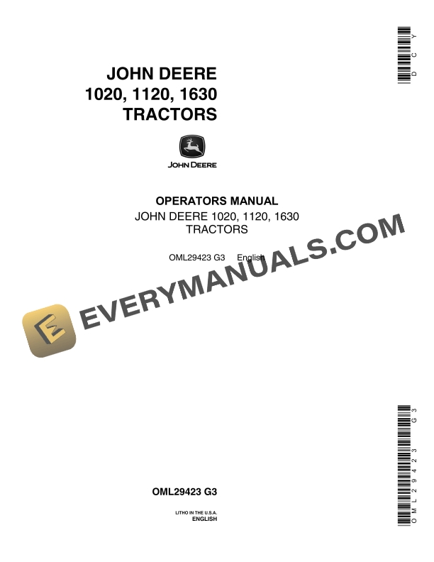 John Deere 1020, 1120, 1630 Tractors Operator Manuals OML29423-1