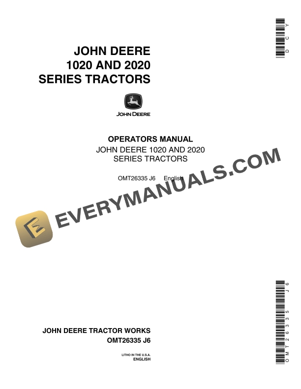 John Deere 1020 AND 2020 Tractor Operator Manual OMT26335-1