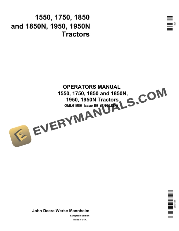 John Deere 1550, 1750, 1850 And 1850n, 1950, 1950n Tractors Operator Manuals OML61586-1