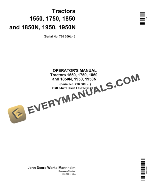 John Deere 1550, 1750, 1850 And 1850n, 1950, 1950n Tractors Operator Manuals OML64431-1