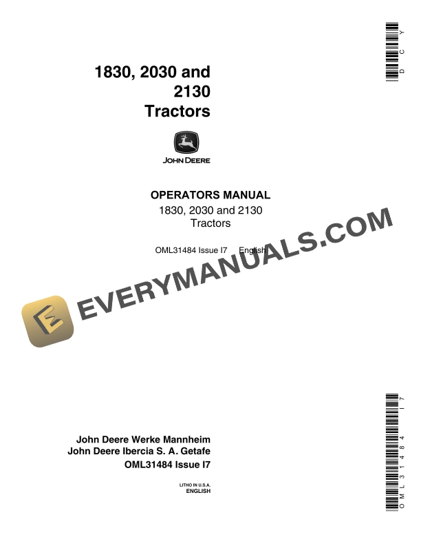 John Deere 1830, 2030 And 2130 Tractors Operator Manuals OML31484-1