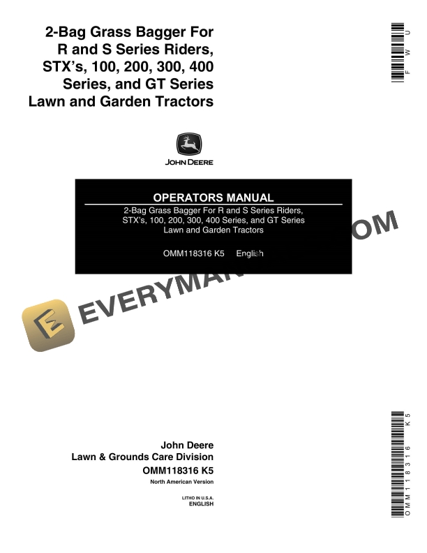 John Deere 2-bag Grass Bagger For R And S Series Riders, Stx’s, 100, 200, 300, 400 Series, And Gt Series Lawn And Garden Tractors Operator Manuals OMM118316-1