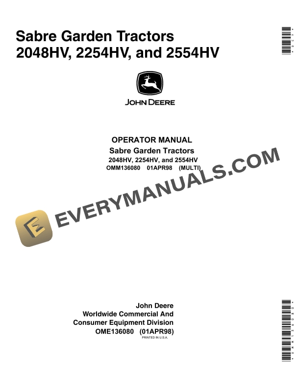 John Deere Sabre 2048HV, 2254HV, 2554HV Garden Tractor Operator Manual OMM136080 2 John Deere 2048HV 2254HV 2554HV Tractor Operator Manual OMM136080-1