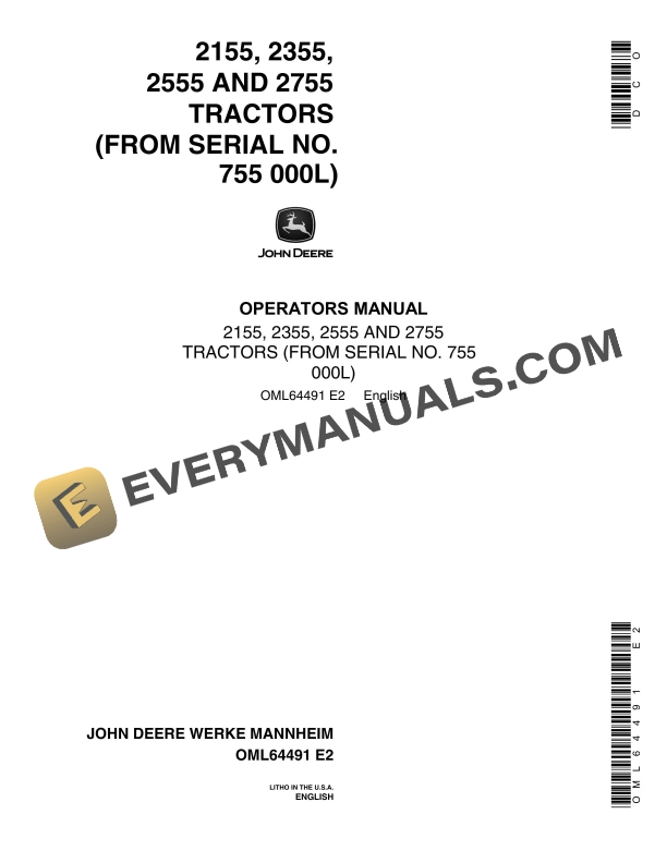 John Deere 2155, 2355, 2555 AND 2755 Tractor Operator Manual OML64491-1