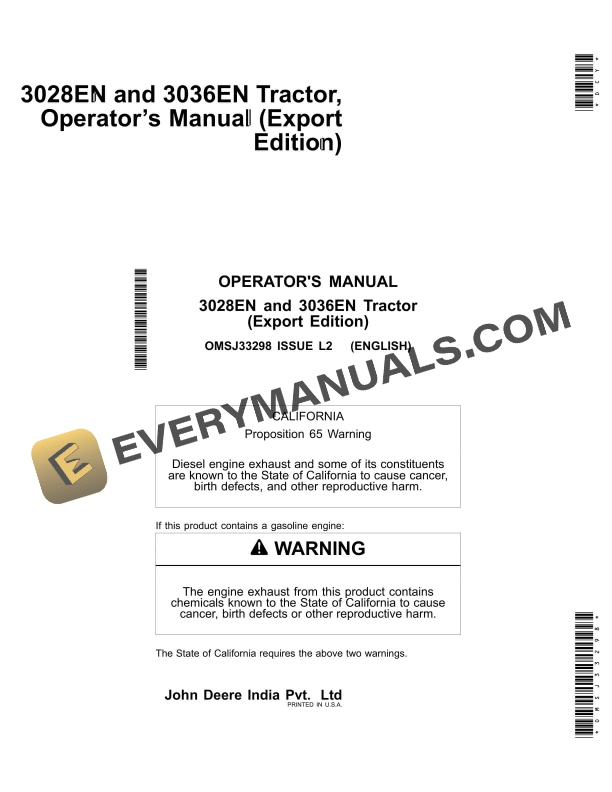 John Deere 3028en And 3036en Tractors Operator Manual OMSJ33298-1