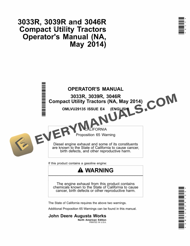 John Deere 3033R, 3039R, 3046R Tractor Operator Manual OMLVU29135-1