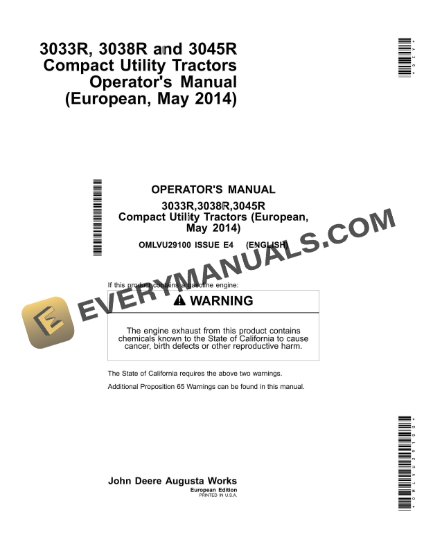 John Deere 3033r,3038r,3045r Compact Utility Tractors Operator Manuals OMLVU29100-1