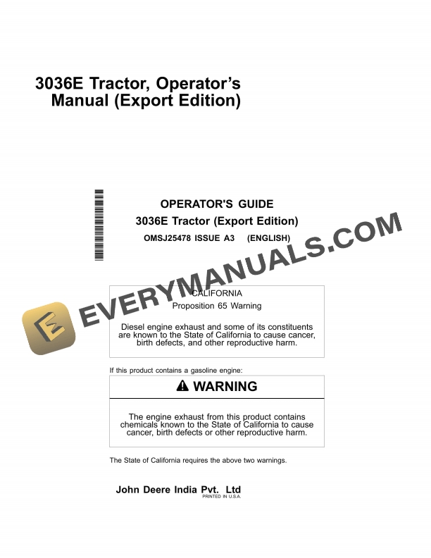 John Deere 3036e Tractors Operator Manual OMSJ25478-1