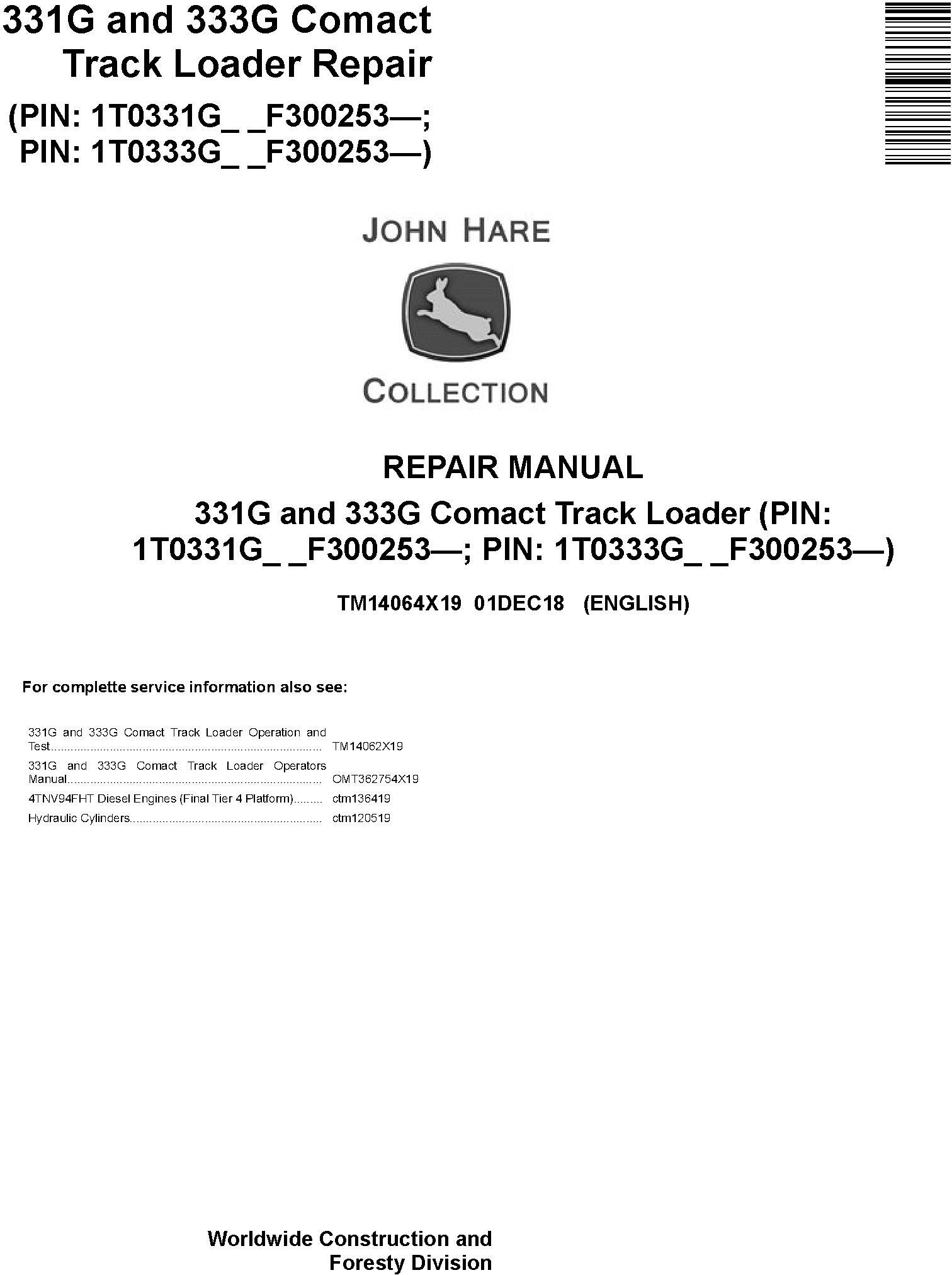 John Deere 331G 333G Compact Track Loader Repair Manual TM14064X19