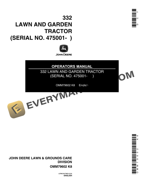 John Deere 332 Tractor Operator Manual OMM79602-1
