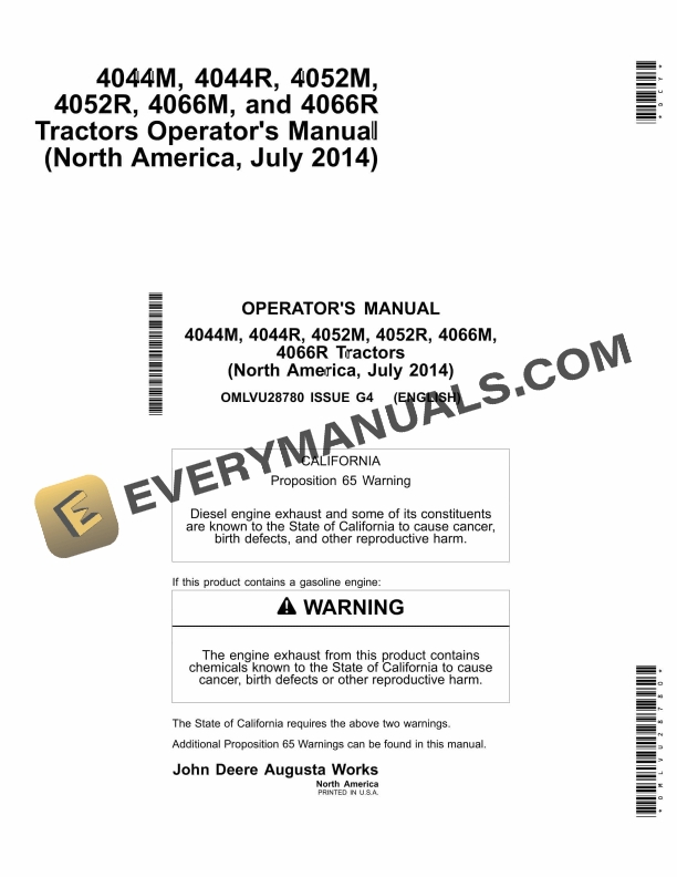 John Deere 4044M, 4044R, 4052M, 4052R, 4066M, 4066R Tractor Operator Manual OMLVU28780-1