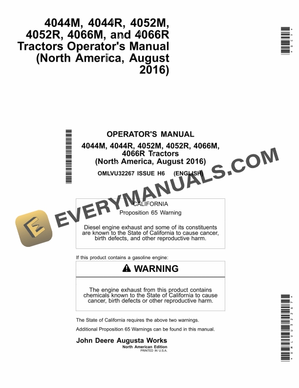 John Deere 4044M, 4044R, 4052M, 4052R, 4066M, 4066R Tractor Operator Manual OMLVU32267-1