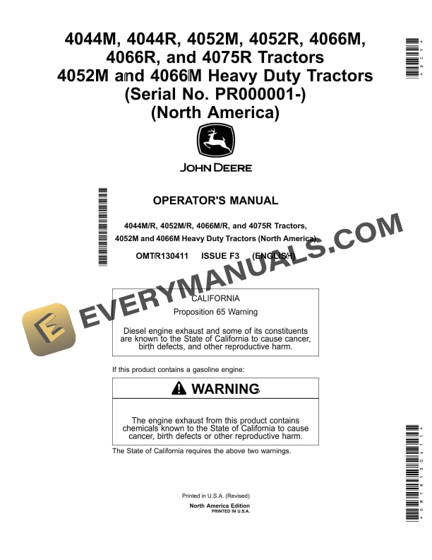 John Deere 4044m R, 4052m R, 4066m R, And 4075r Tractors, 4052m And 4066m Heavy Duty Tractors Operator Manuals OMTR130411-1