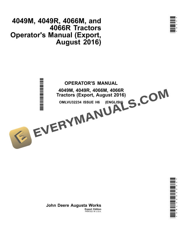 John Deere 4049m, 4049r, 4066m, 4066r Tractors Operator Manuals OMLVU32234-1