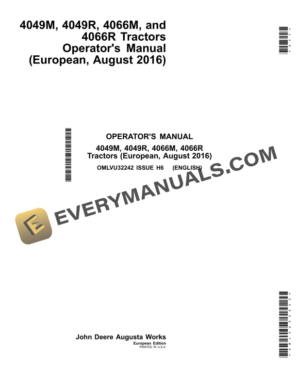 John Deere 4049m, 4049r, 4066m, 4066r Tractors Operator Manuals OMLVU32242-1
