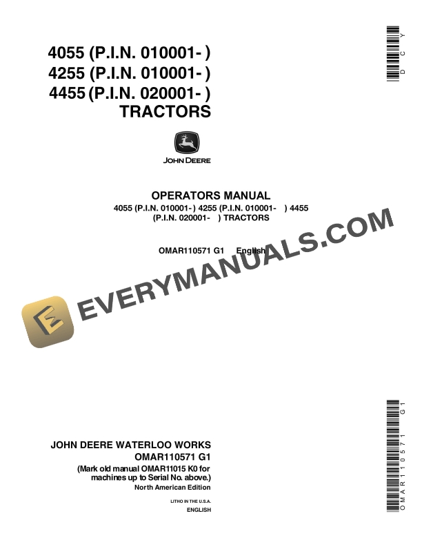 John Deere 4055 4255 4455 Tractor Operator Manual OMAR110571-1