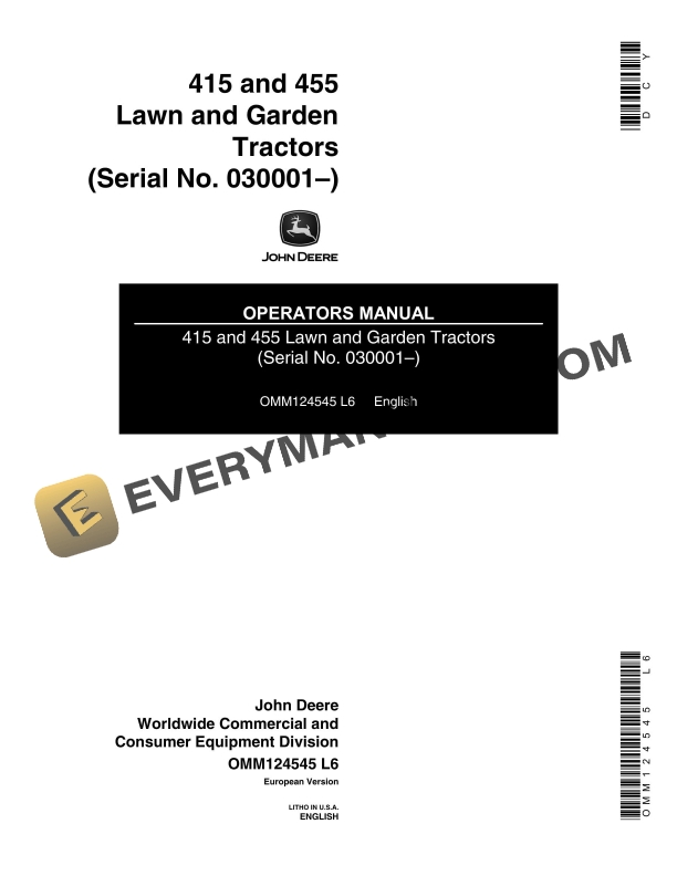John Deere 415 And 455 Lawn And Garden Tractors Operator Manuals OMM124545-1