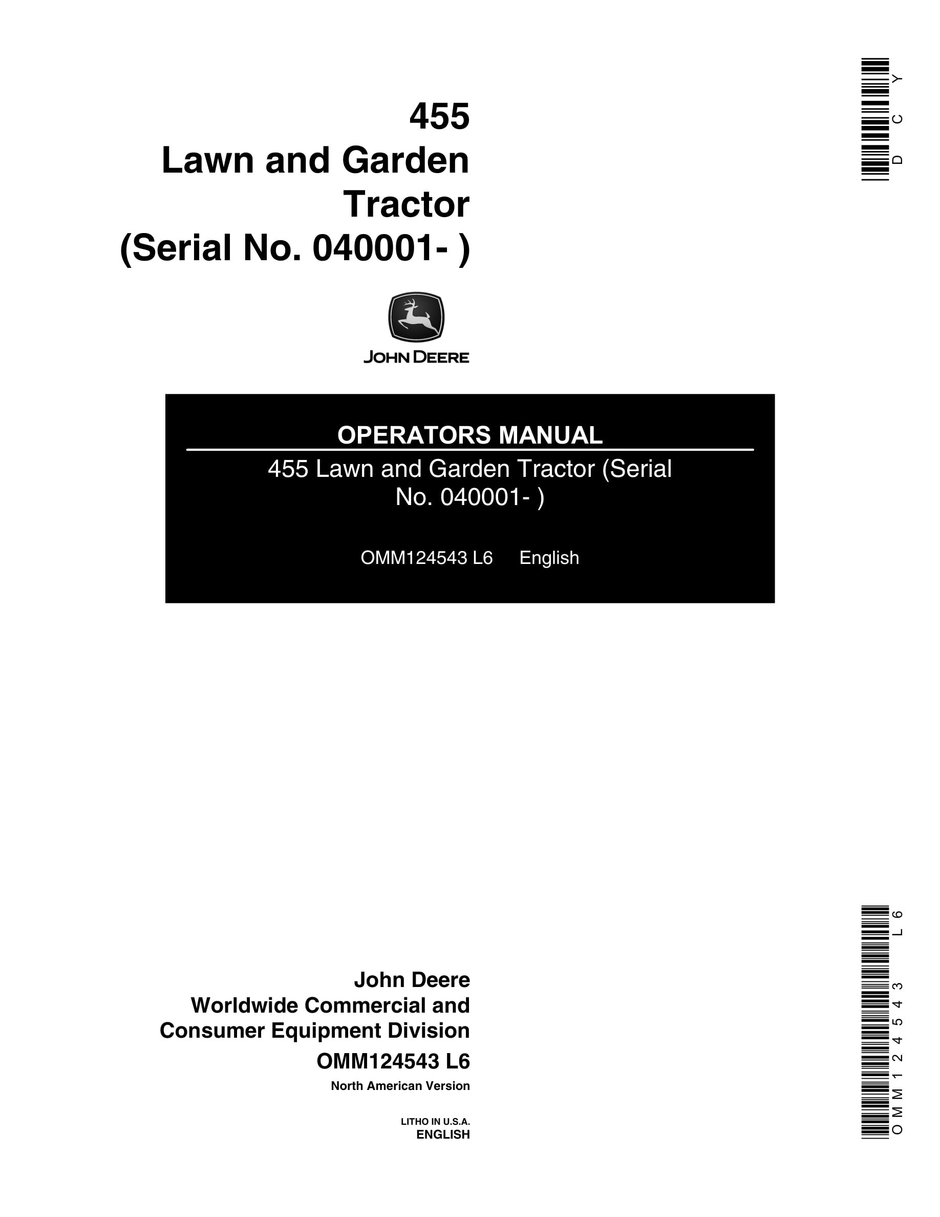 John Deere 455 Tractor Operator Manual OMM124543-1