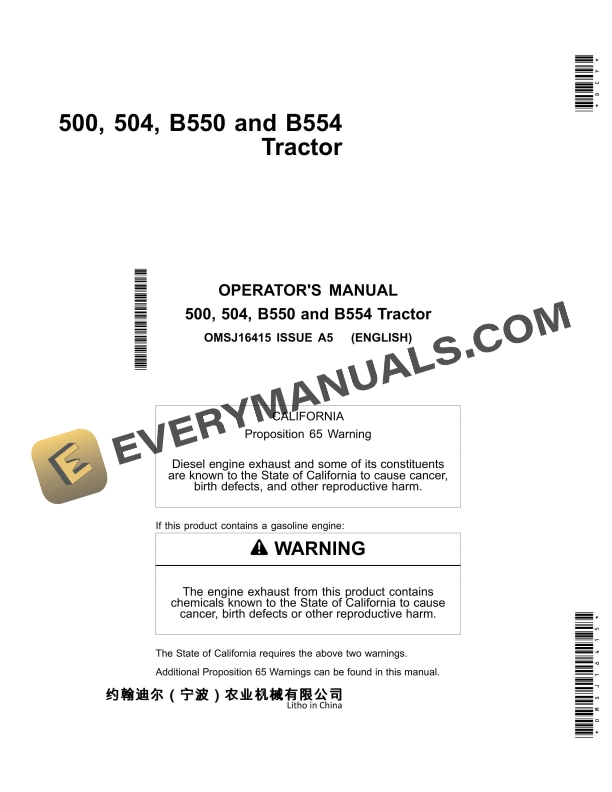 John Deere 500, 504, B550 And B554 Tractors Operator Manual OMSJ16415-1