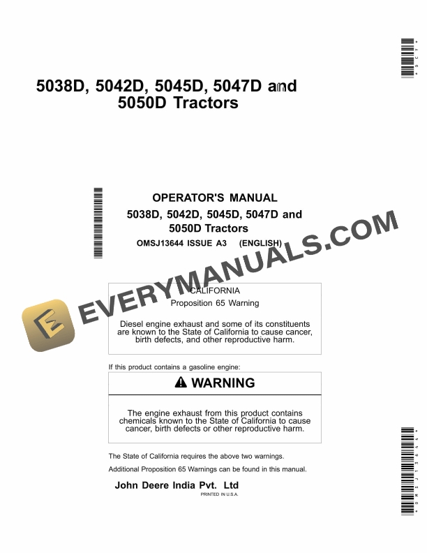 John Deere 5038d, 5042d, 5045d,5047d And 5050d Tractors Operator Manuals OMSJ13644-1