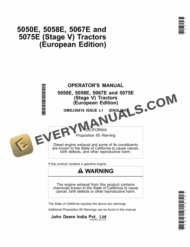 John Deere 5050e, 5058e, 5067e And 5075e (stage V) Tractors Operator Manuals OMSJ36816-1