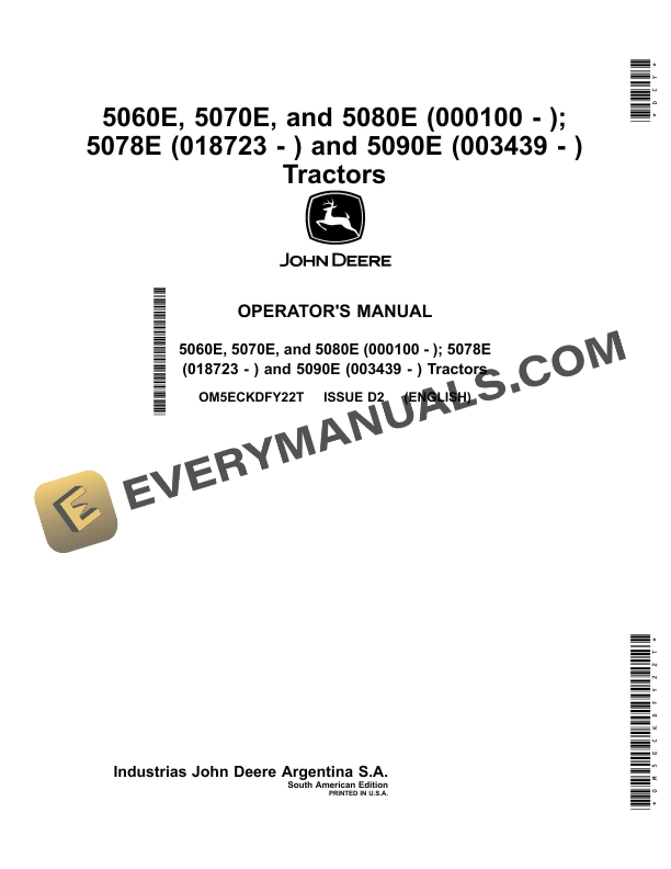 John Deere 5060e 5070e 5080e 5078e Tractors Operator Manuals Om5eckdfy22t-1