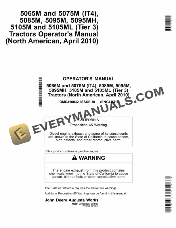 John Deere 5065M and 5075M (IT4), 5085M, 5095M, 5095MH, 5105M and 5105ML (Tier 3) Tractor Operator Manual OMSJ10032-1