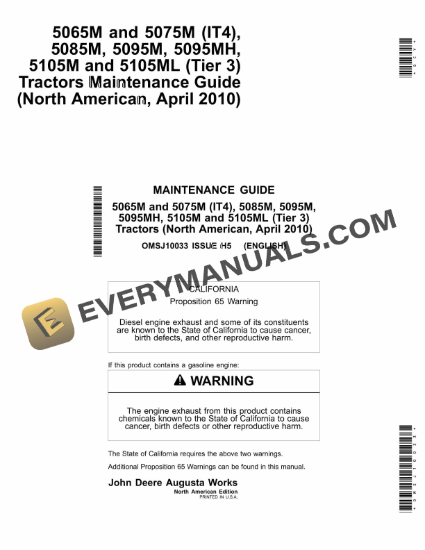 John Deere 5065M and 5075M (IT4), 5085M, 5095M, 5095MH, 5105M and 5105ML (Tier 3) Tractor Operator Manual OMSJ10033 2 John Deere 5065M and 5075M (IT4), 5085M, 5095M, 5095MH, 5105M and 5105ML (Tier 3) Tractor Operator Manual OMSJ10033-1