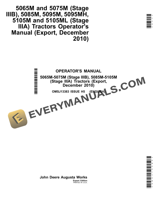 John Deere 5065m-5075m (stage Iiib), 5085m-5105m (stage Iiia) Tractors Operator Manuals OMSJ13383-1