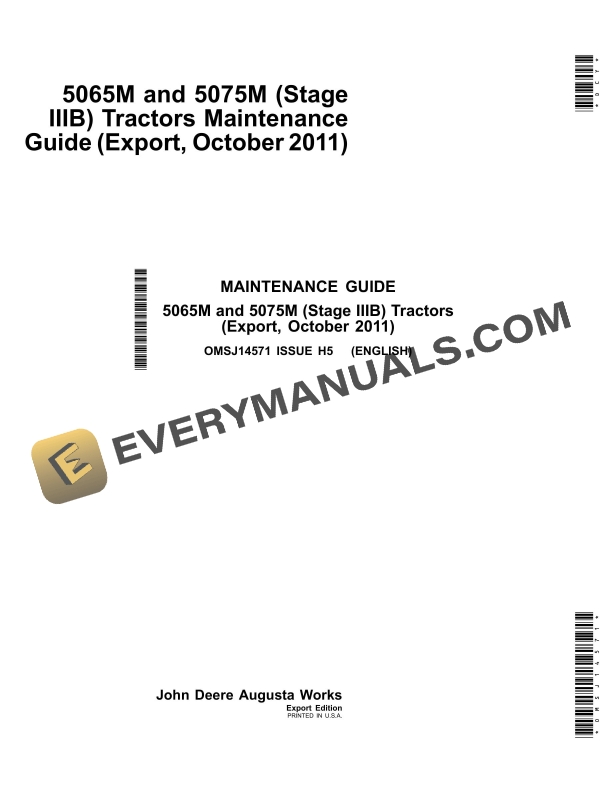John Deere 5065M and 5075M (Stage IIIB) Tractors Maintenance Guide OMSJ14571 1 John Deere 5065m And 5075m (stage Iiib) Tractors Operator Manuals OMSJ14571-1