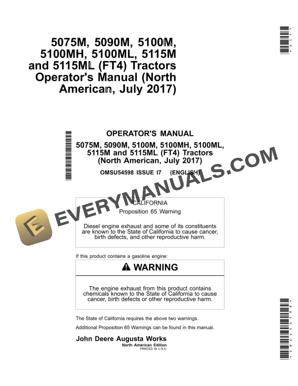 John Deere 5075M, 5090M, 5100M, 5100MH, 5100ML, 5115M and 5115ML (FT4) Tractor Operator Manual OMSU54598-1