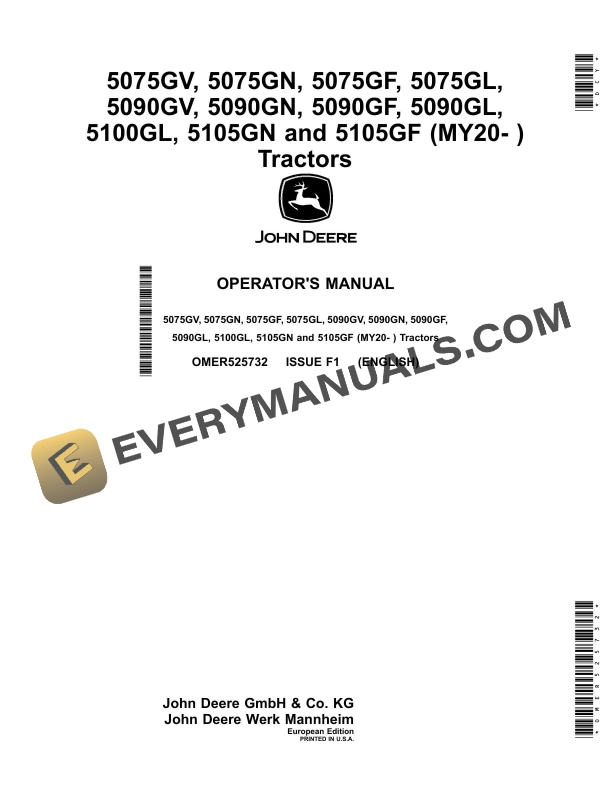 John Deere 5075gv, 5075gn, 5075gf, 5075gl, 5090gv, 5090gn, 5090gf, 5090gl, 5100gl, 5105gn And 5105gf (my20 Operator Manuals OMER525732-1
