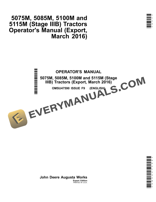 John Deere 5075m, 5085m, 5100m And 5115m (stage Iiib) Tractors Operator Manuals OMSU47590-1