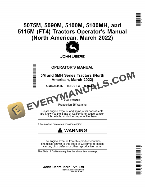 John Deere 5075m, 5090m, 5100m, 5100mh, And 5115m (ft4) Tractors Operator Manuals OMSU64425-1