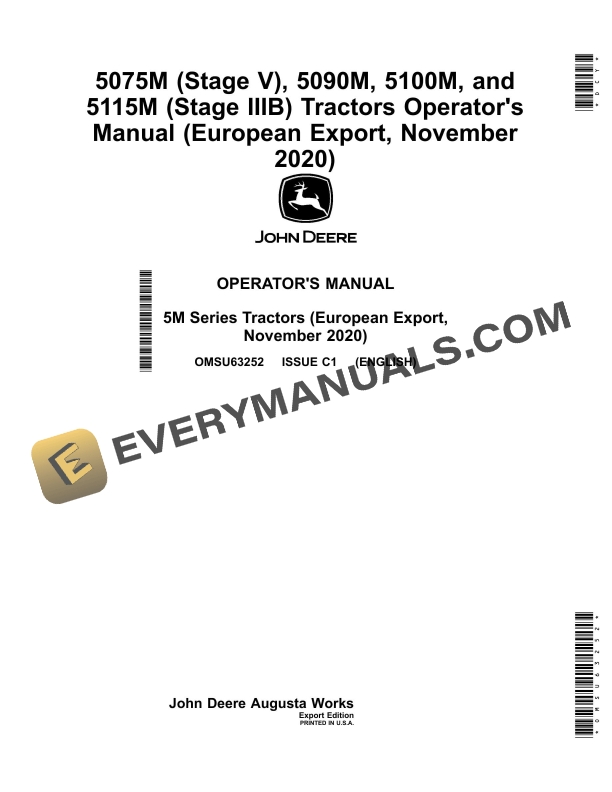 John Deere 5075m (stage V), 5090m, 5100m, And 5115m (stage Iiib) Tractors Operator Manuals OMSU63252-1