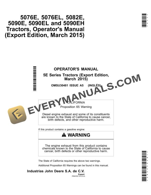 John Deere 5076e, 5076el, 5082e, 5090e, 5090el And 5090eh Tractors Operator Manuals OMSU30481-1