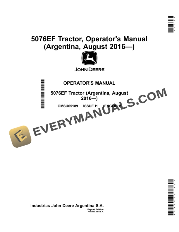 John Deere 5076ef Tractors Operator Manual OMSU65189-1