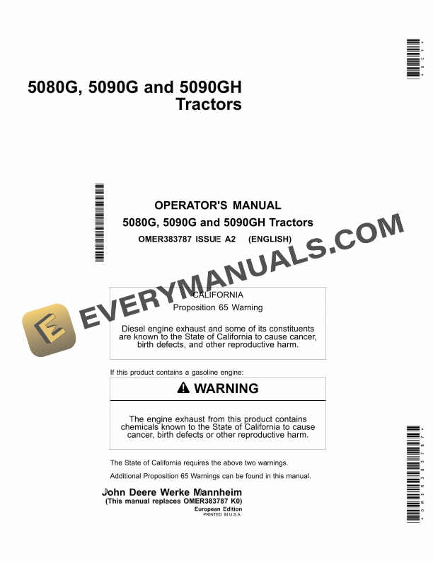 John Deere 5080g, 5090g And 5090gh Tractors Operator Manuals OMER383787-1