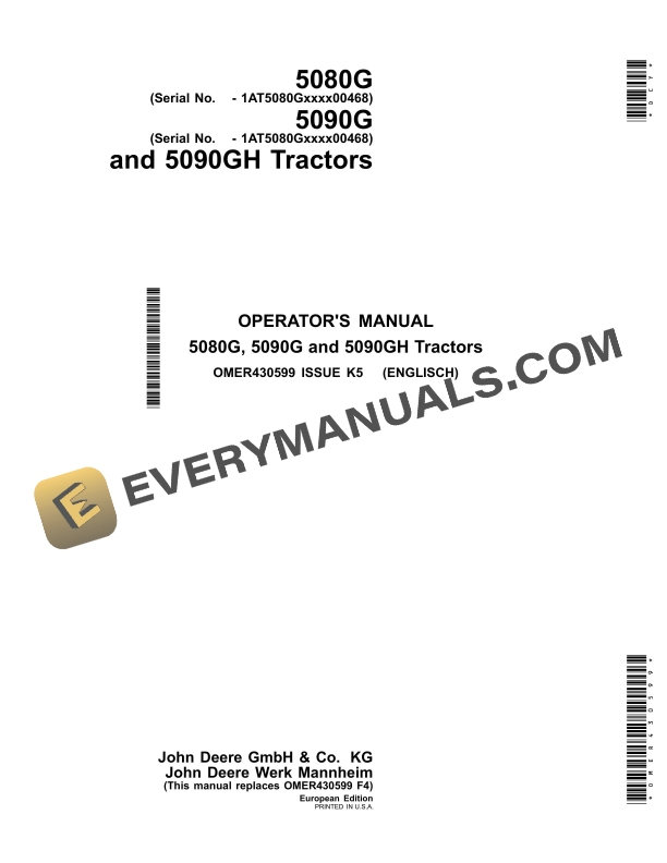 John Deere 5080g, 5090g And 5090gh Tractors Operator Manuals OMER430599-1