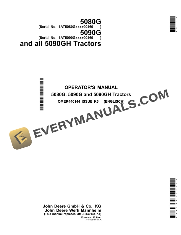 John Deere 5080G, 5090G, 5090GH Tractors Operator Manual OMER440144 3 John Deere 5080g, 5090g And 5090gh Tractors Operator Manuals OMER440144-1