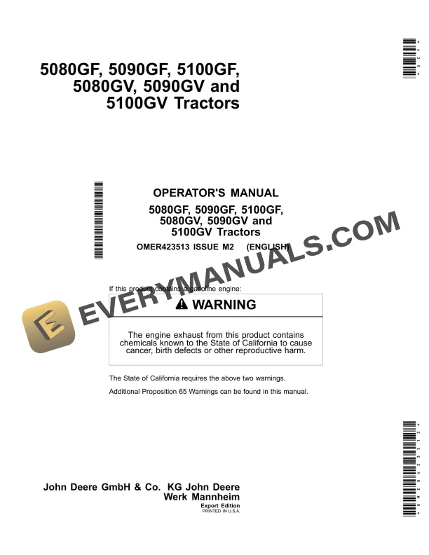 John Deere 5080gf, 5090gf, 5100gf, 5080gv, 5090gv And 5100gv Tractors Operator Manuals OMER423513-1